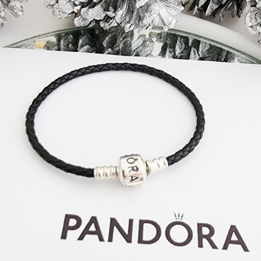 Pulsera Cuero Negro, Broche Barril