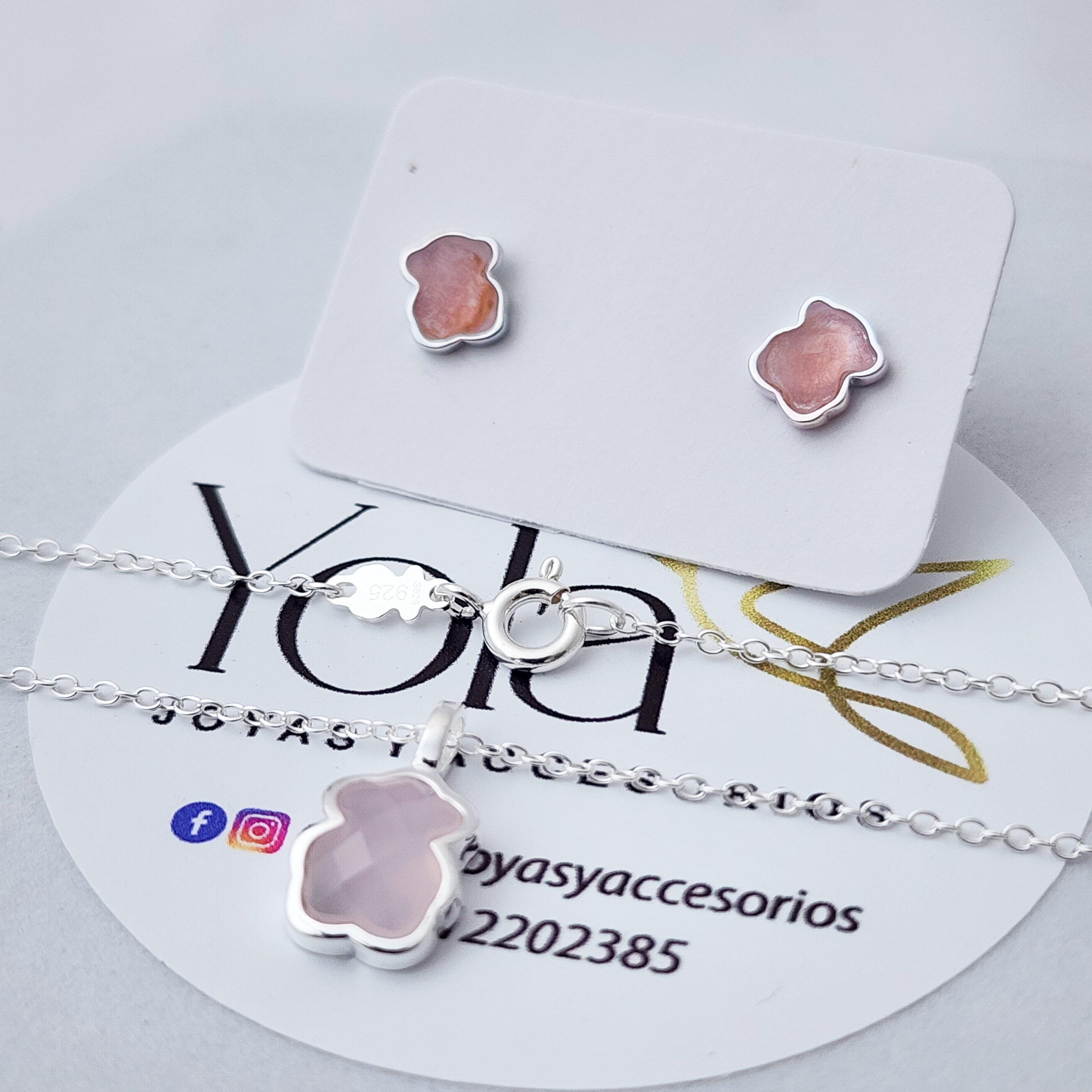 Juego Collar y Arete  rosa oso