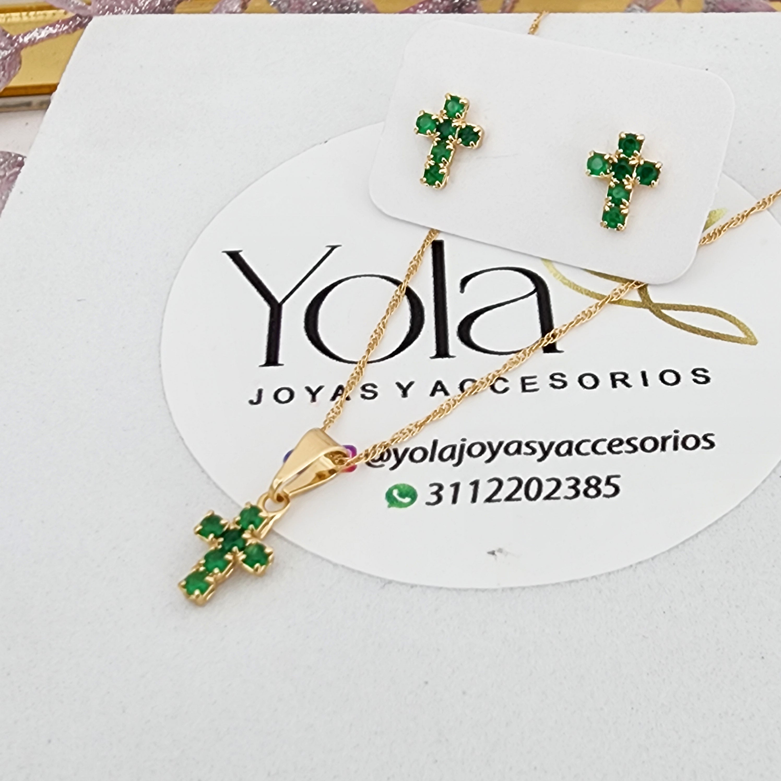 Juego cruz verde oro laminado