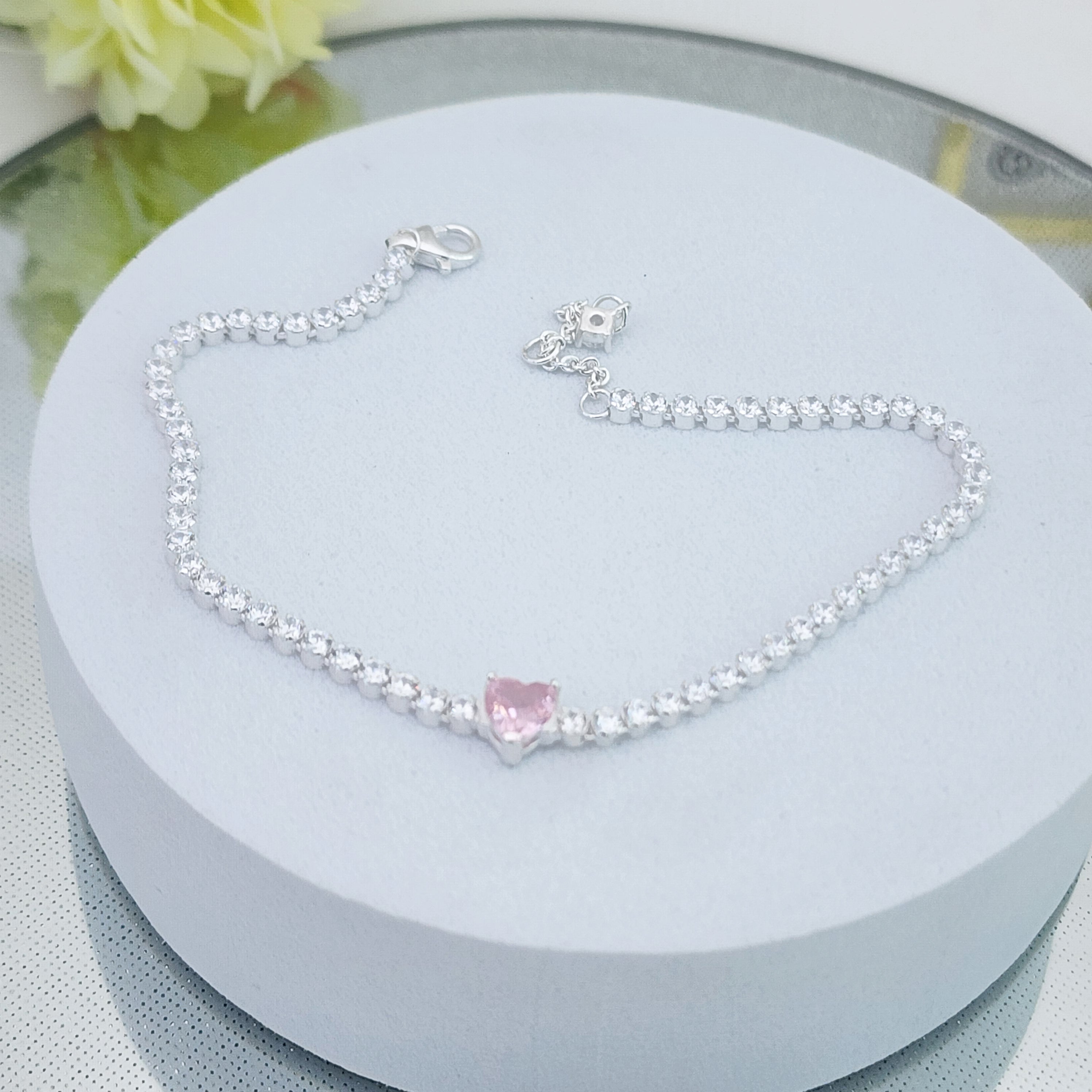 Pulsera Cristales Estilo Tennis corazon rosa