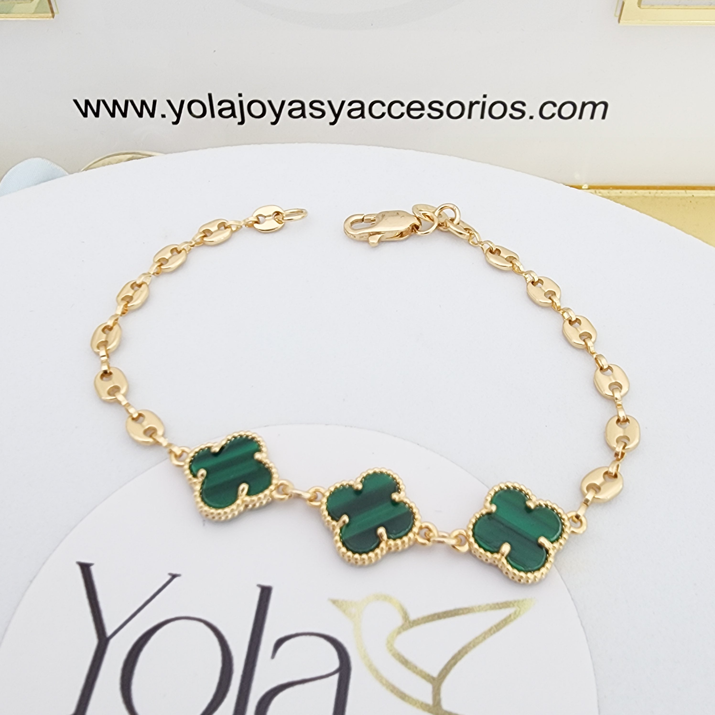 Pulsera Oro Laminado Trébol Verde