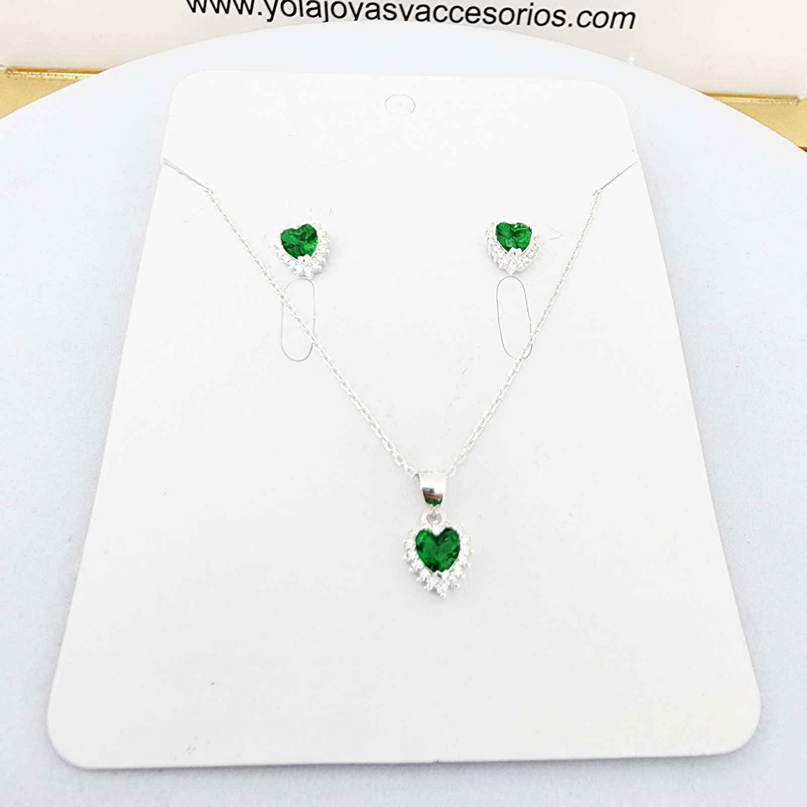 Juego Collar y Arete Corazón Cristal Verde